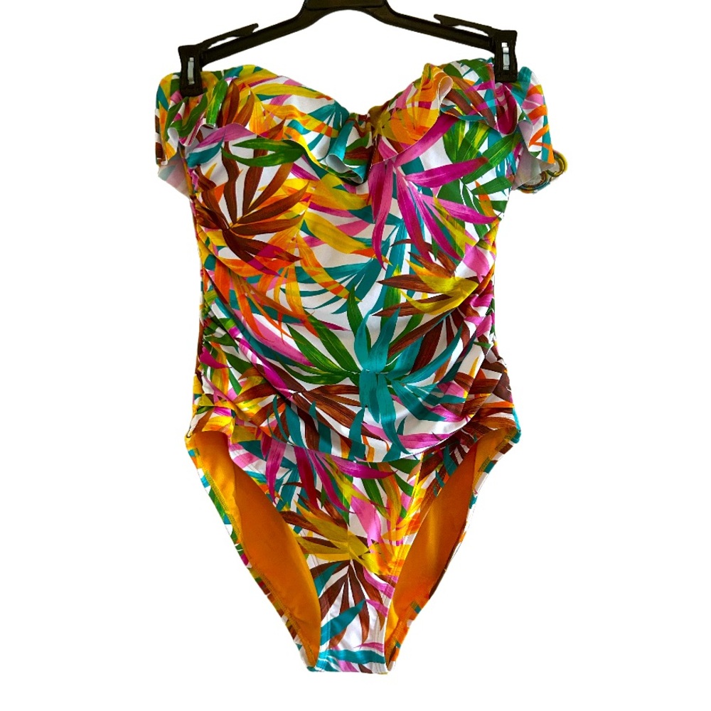 Bleu Rod Beattie Fantasy Island Floral Print Bandeau Ruffled One Piece Small